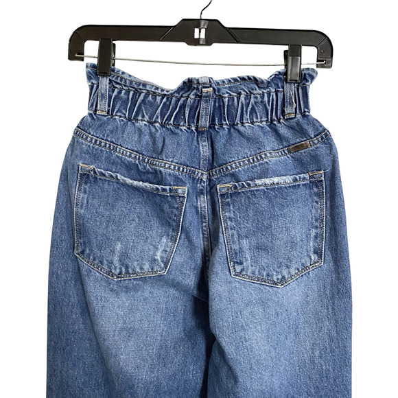 Kancan Crop Denim Jeans XS 0 24 High Rise Paper Bag Elastic Waist Distressed - Picture 9 of 9